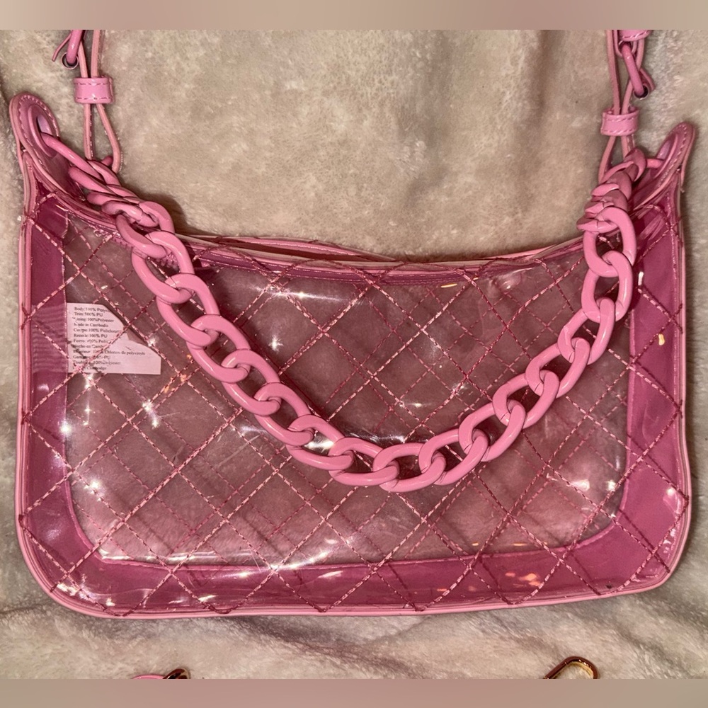 Steve Madden Clear Bubble Gum Pink Quilted Shoulder Crossbody Bag Matching Chain - Picture 3 of 16